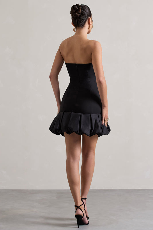 Liscia | Vestido corte con Escote Bandeau con Ribete de Volantes negro