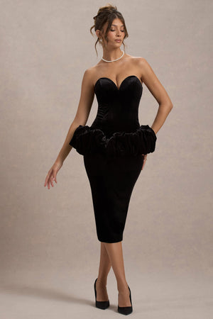 Sarifa | Vestido Midi Negro Sin Tirantes con Corset y Peplum con Volantes