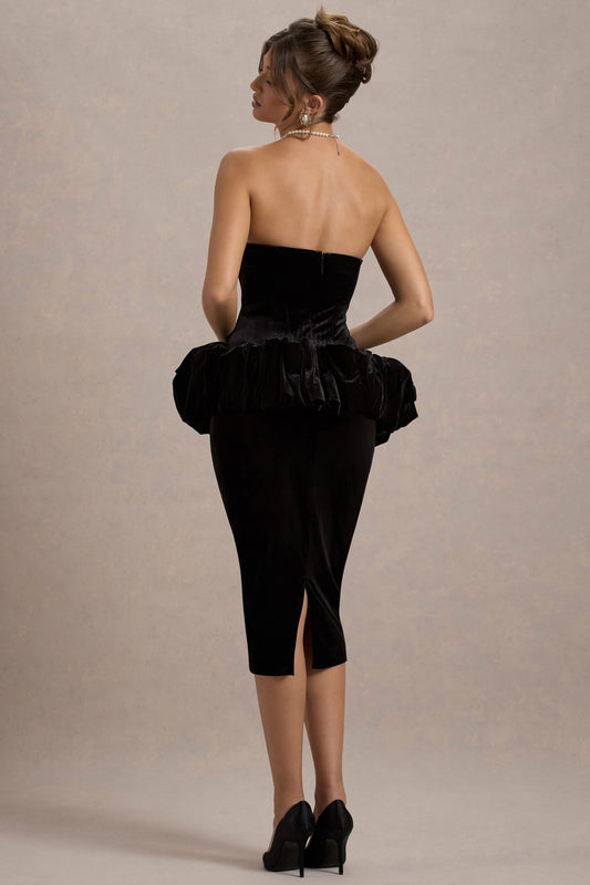 Sarifa | Vestido Midi Negro Sin Tirantes con Corset y Peplum con Volantes