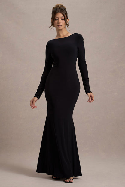 Rosalee | Vestido largo negro de manga larga con espalda descubierta con adornado de lazos