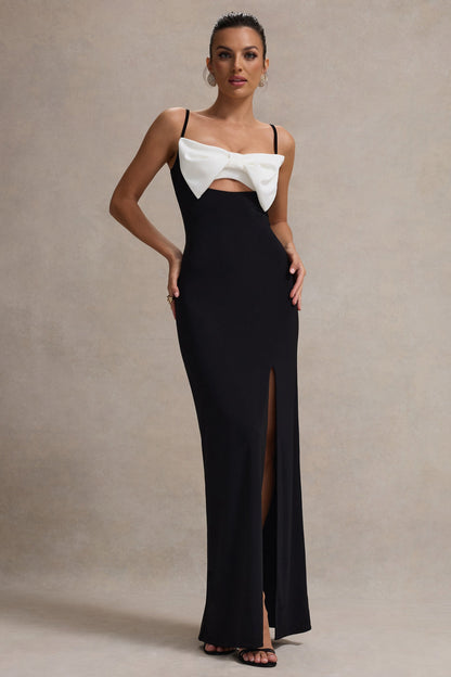Emmalou | Vestido Largo Blanco y Negro con Abertura y Lazo