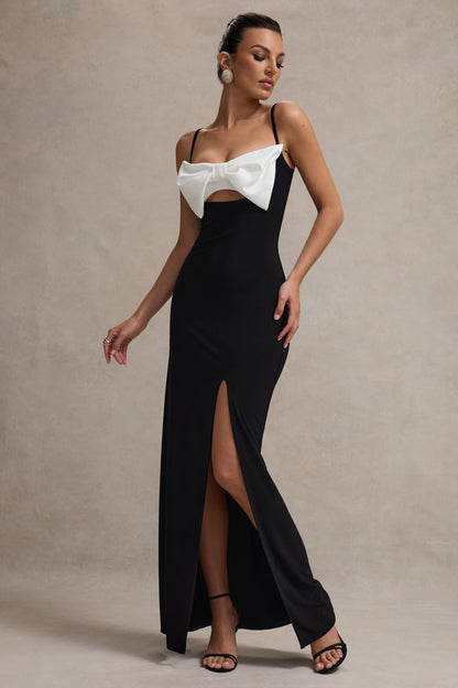 Emmalou | Vestido Largo Blanco y Negro con Abertura y Lazo