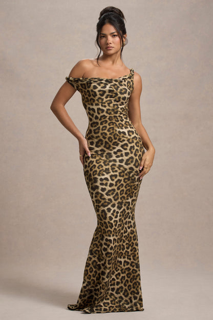 Lita | Vestido largo de leopardo entallado y asimétrico retorcido