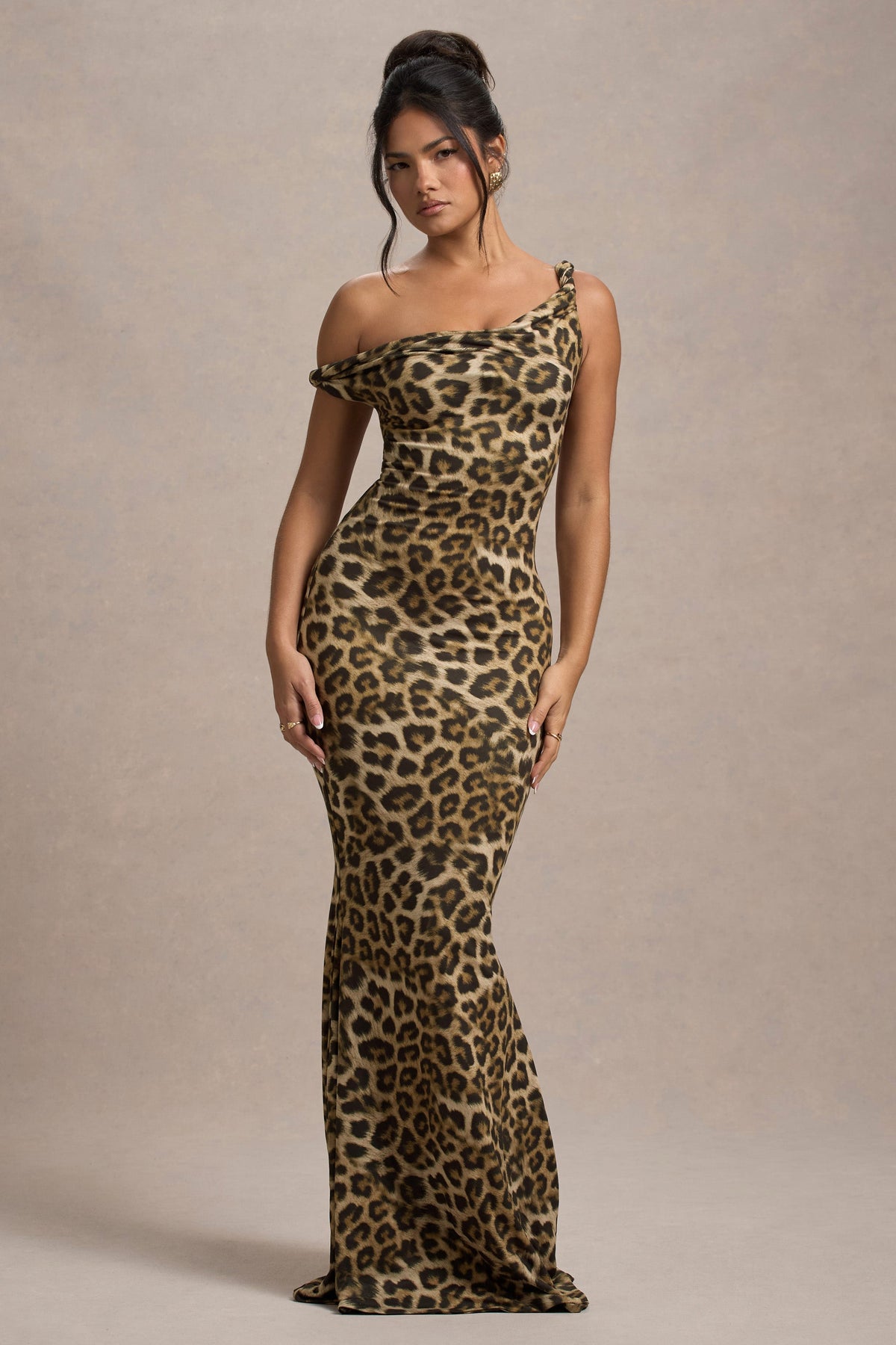 Lita | Vestido largo de leopardo entallado y asimétrico retorcido