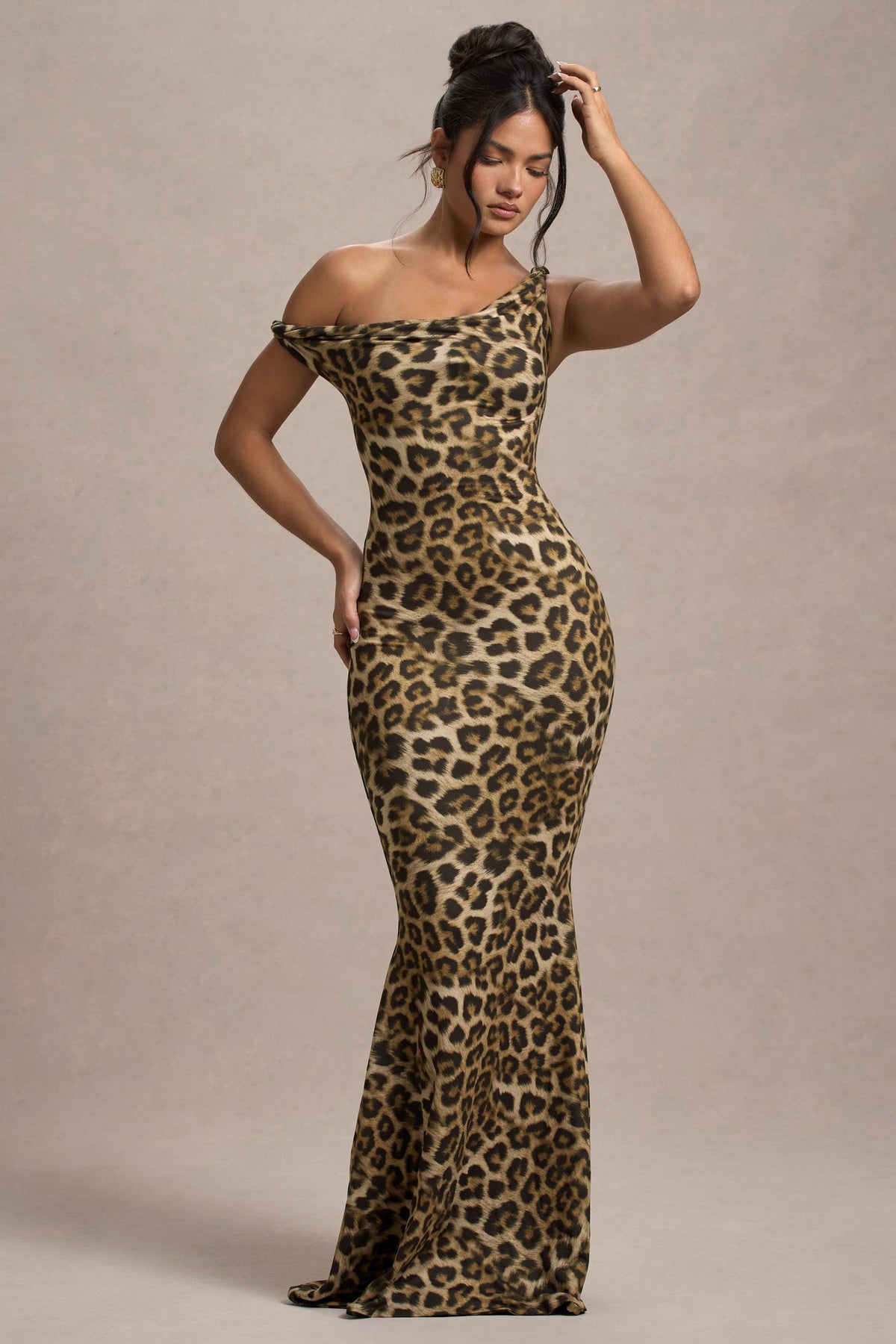Lita | Vestido largo de leopardo entallado y asimétrico retorcido