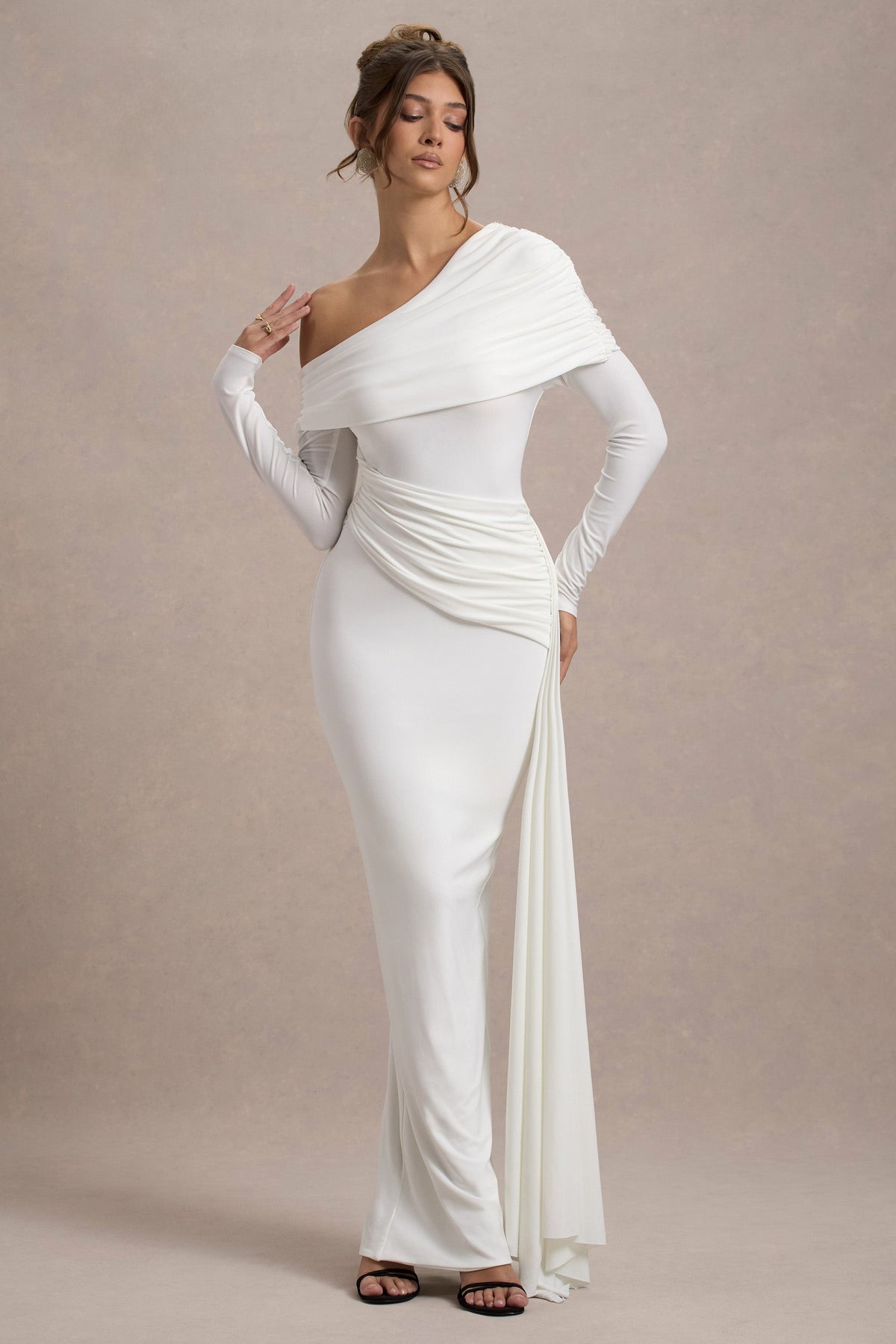 Valina | Vestido largo en Blanco con mangas largas  y Drapeado lateral