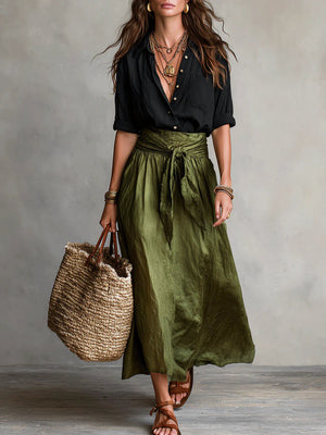 Elisa | Conjunto de Dos Piezas: Camiseta Negra y Falda Midi Verde Oliva