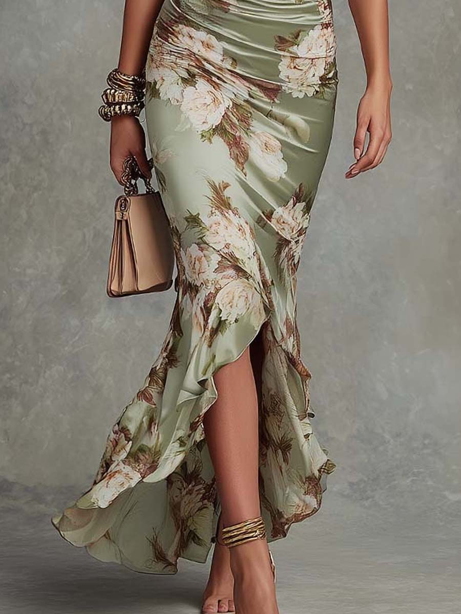 Alessandra | Asymmetrisches langes Kleid mit V-Ausschnitt, ausgestellten Puffärmeln und Blumenmuster