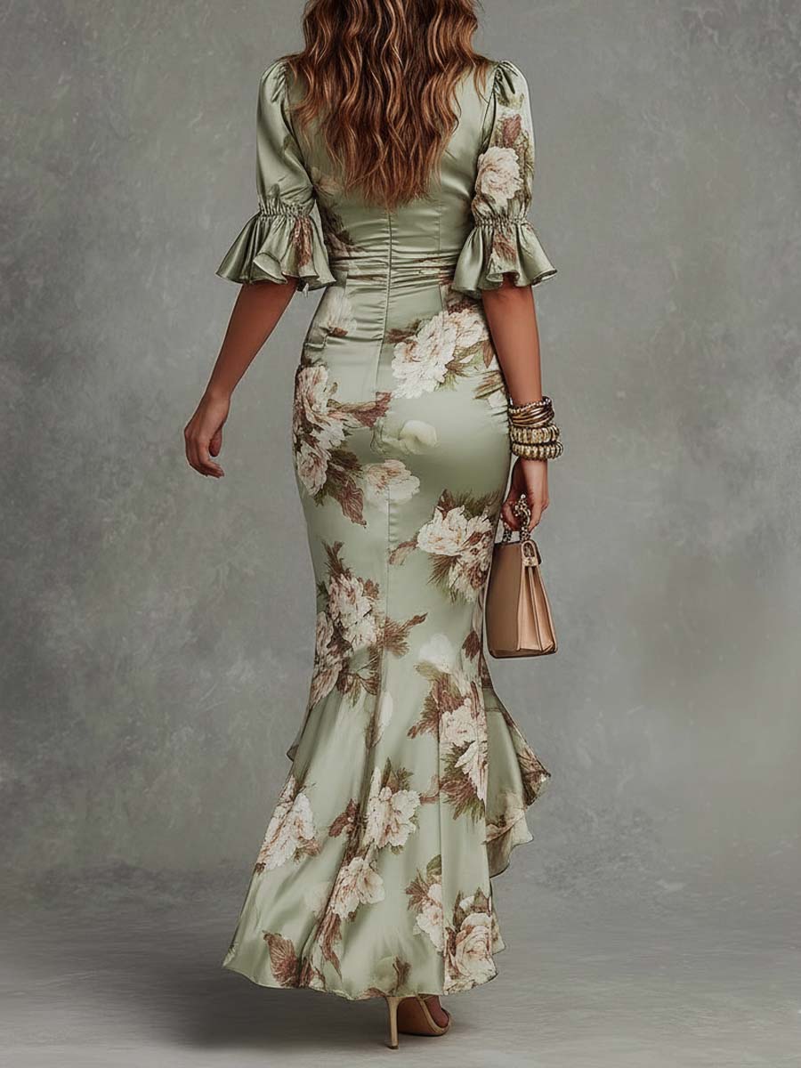 Alessandra | Asymmetrisches langes Kleid mit V-Ausschnitt, ausgestellten Puffärmeln und Blumenmuster