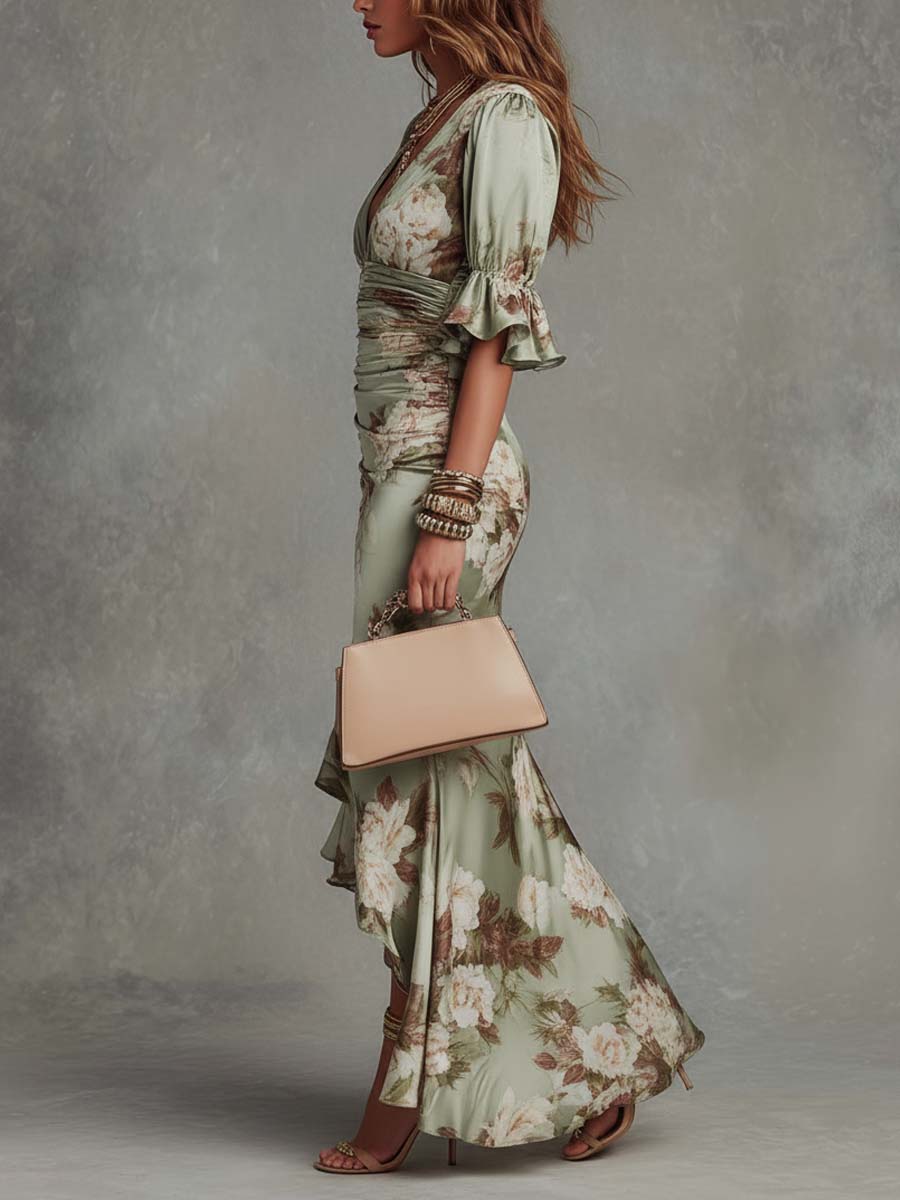 Alessandra | Asymmetrisches langes Kleid mit V-Ausschnitt, ausgestellten Puffärmeln und Blumenmuster