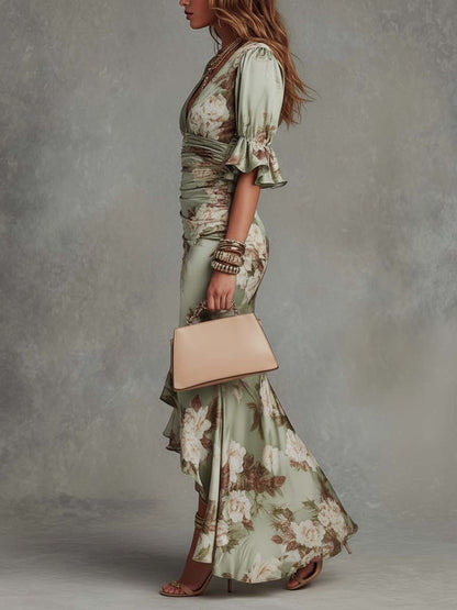 Alessandra | Asymmetrisches langes Kleid mit V-Ausschnitt, ausgestellten Puffärmeln und Blumenmuster