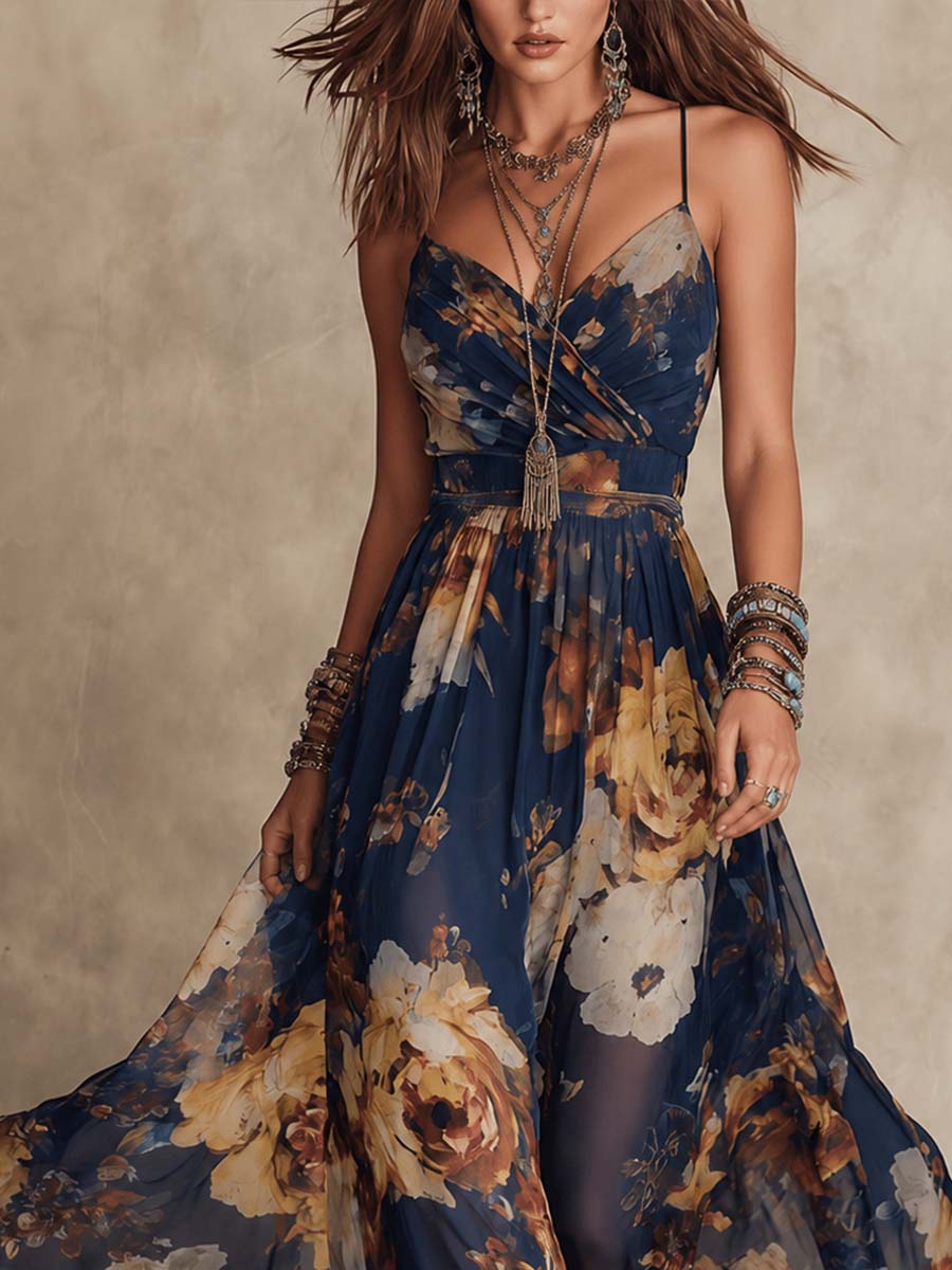 Nicoletta | Vestido Largo de Chifón Azul Marino con Estampado Floral y Tirantes Finos