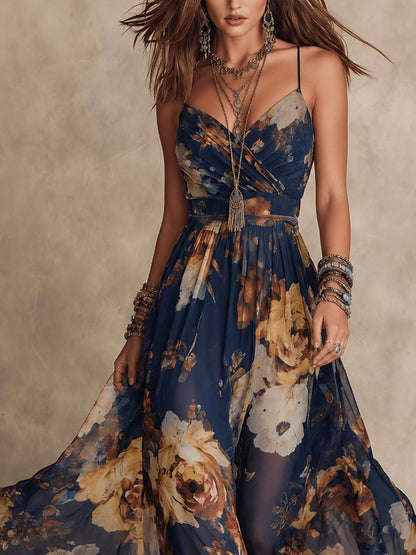 Nicoletta | Vestido Largo de Chifón Azul Marino con Estampado Floral y Tirantes Finos