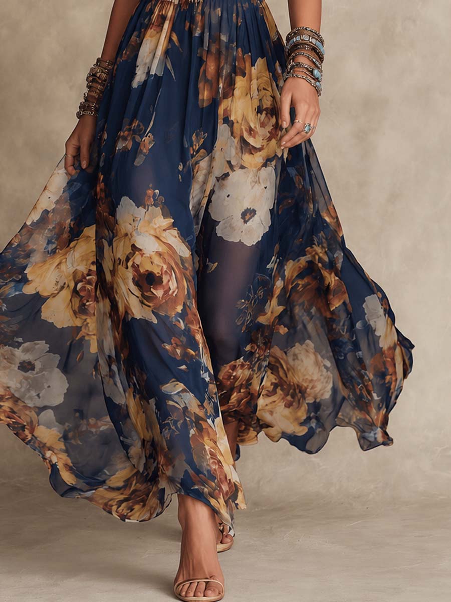 Nicoletta | Vestido Largo de Chifón Azul Marino con Estampado Floral y Tirantes Finos