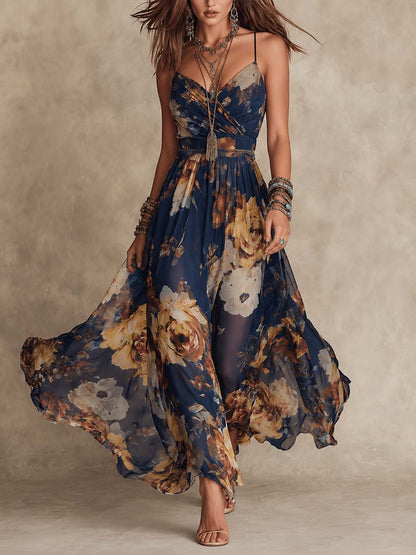 Nicoletta | Vestido Largo de Chifón Azul Marino con Estampado Floral y Tirantes Finos