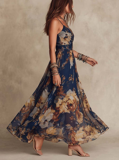 Nicoletta | Vestido Largo de Chifón Azul Marino con Estampado Floral y Tirantes Finos