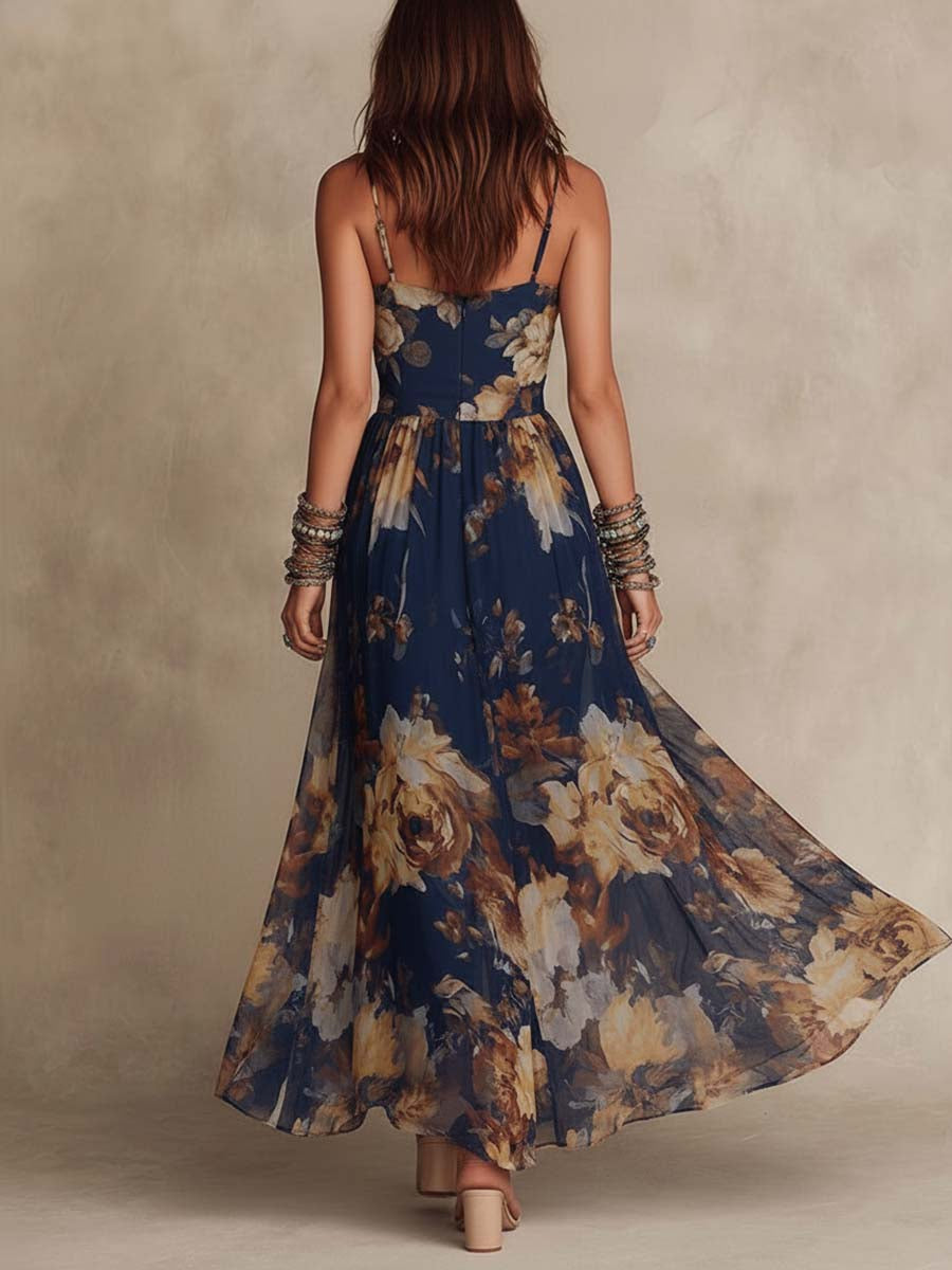Nicoletta | Vestido Largo de Chifón Azul Marino con Estampado Floral y Tirantes Finos