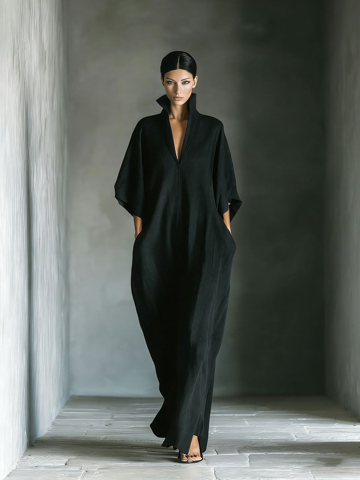 Costanza | Schwarzes Maxikleid mit Kimonoärmeln und V-Ausschnitt