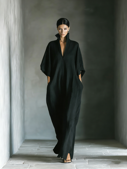 Costanza | Schwarzes Maxikleid mit Kimonoärmeln und V-Ausschnitt