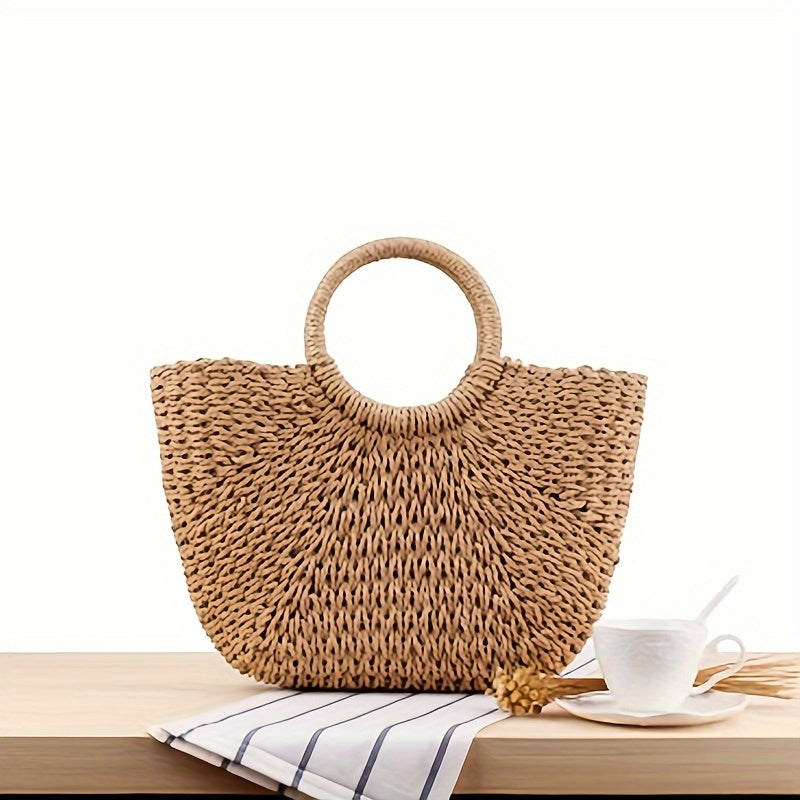 Serenella | Bolso de Media Luna de Paja Trenzada — Cognac