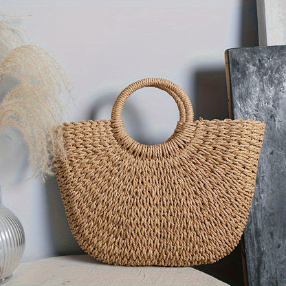 Serenella | Bolso de Media Luna de Paja Trenzada — Cognac