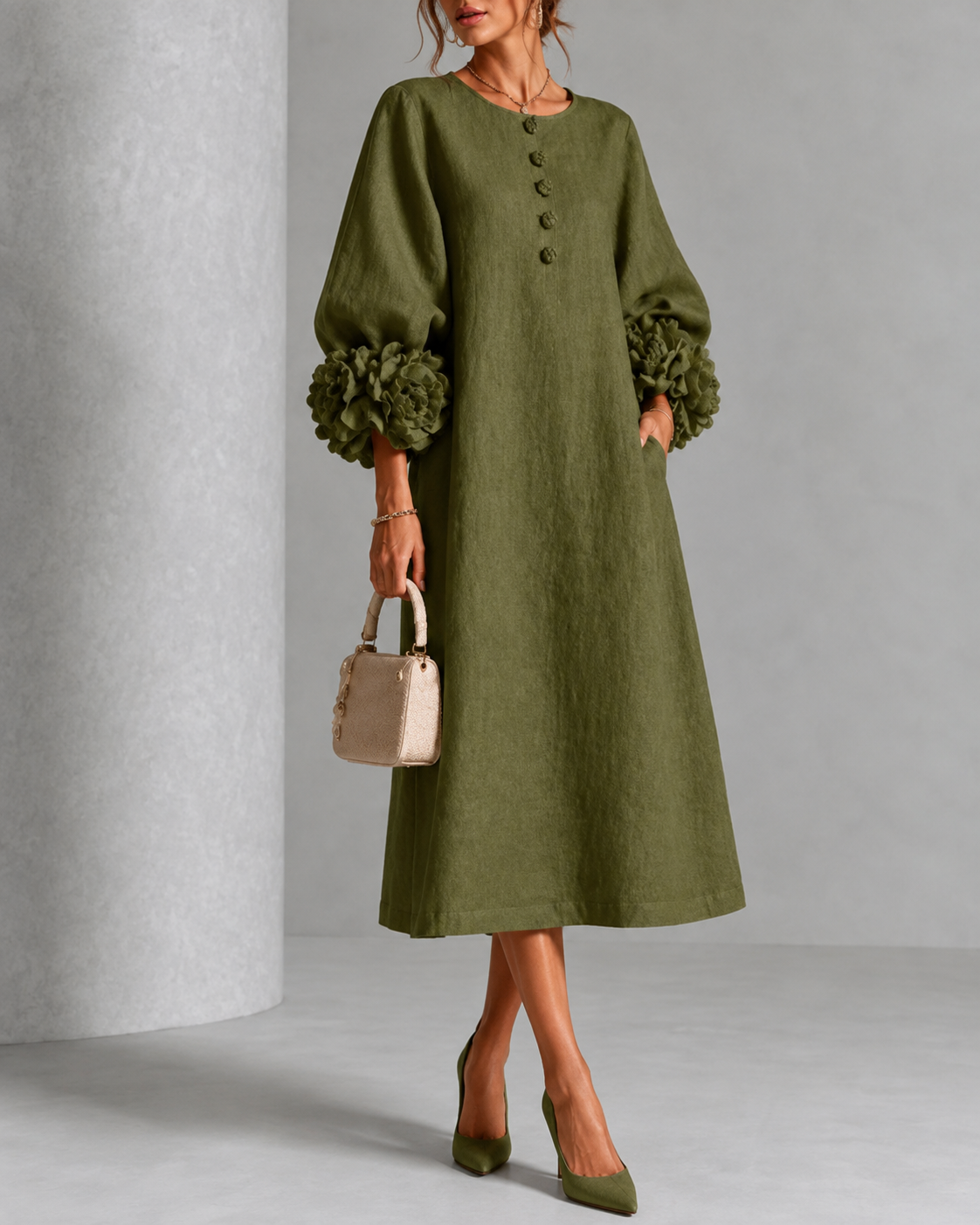 Sore™ | Vestido Midi Elegante que Disimula el Abdomen con Mangas de Flores