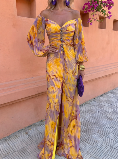 Greta | Langes Blumenkleid mit tiefem Ausschnitt
