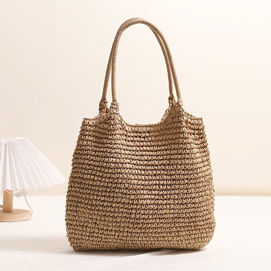 Marisol | Geflochtene Strohtasche mit Schultergurt – Haselnussbraun