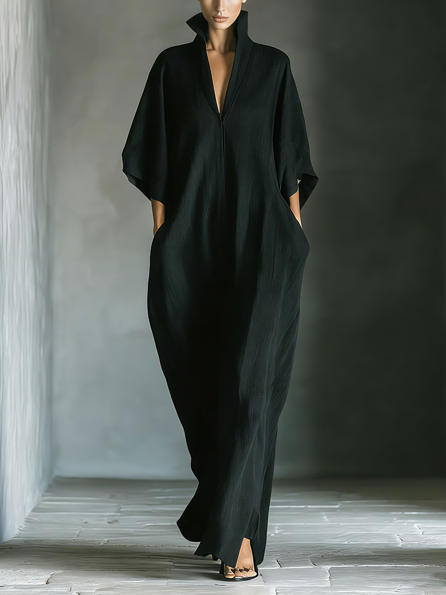 Costanza | Schwarzes Maxikleid mit Kimonoärmeln und V-Ausschnitt