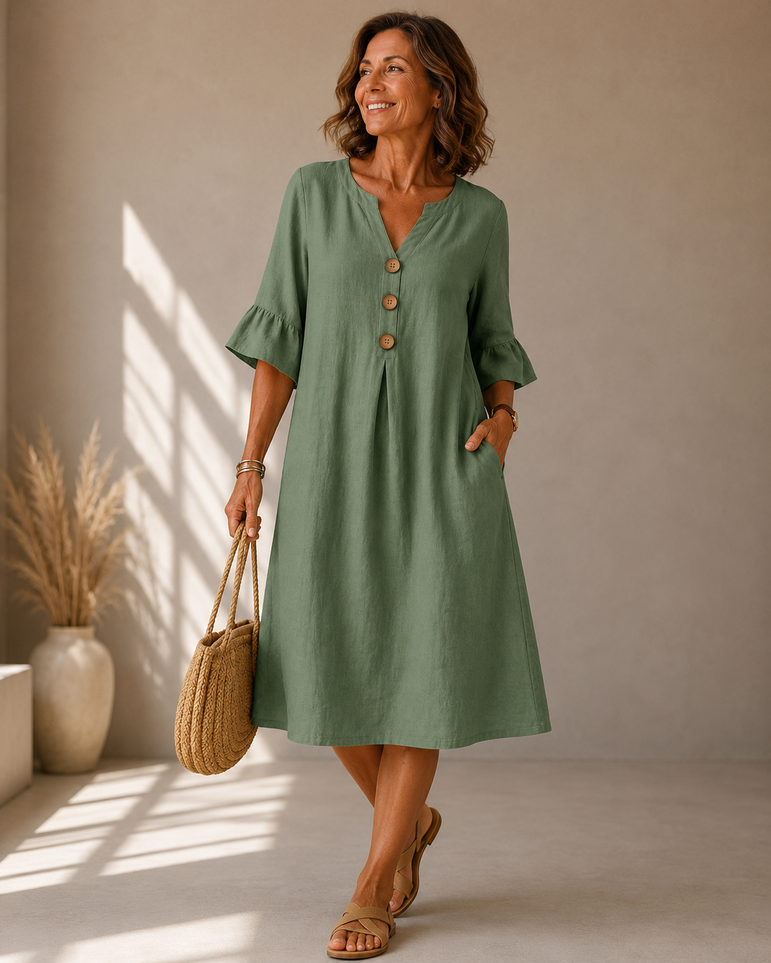 Corinne™ | Robe midi à boutons qui masque le ventre