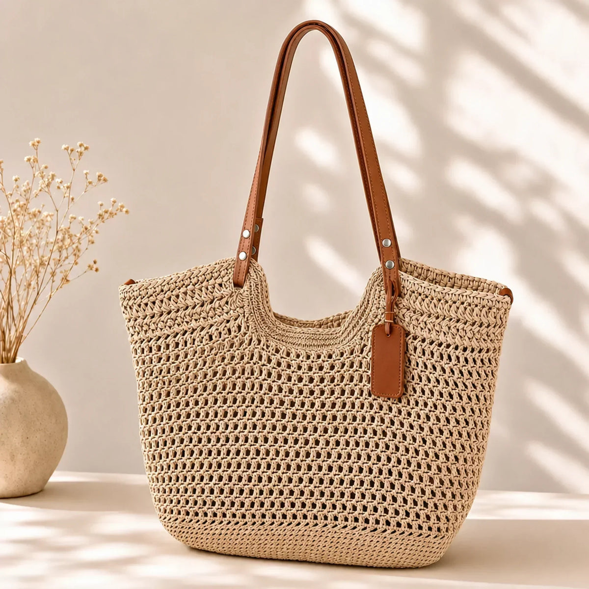 Alina | Gehäkelte Shopper-Tasche, handgeflochten – Hellbeige