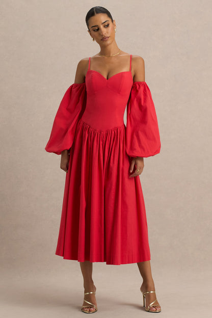 Macie | Vestido Midi Rojo con Escote en Corazón y Mangas Abullonadas