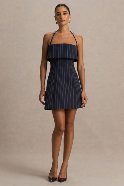 Ember | Vestido Corto Azul Marino de Rayas con Escote Cuadrado