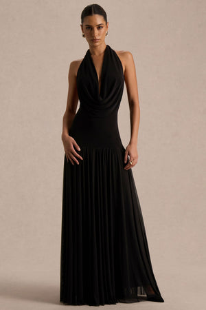 Verity | Vestido largo negro de cuello en V profundo con falda transparente