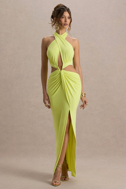 Aura | Vestido largo en Verde Lima con Escote Halter y detalles de aberturas