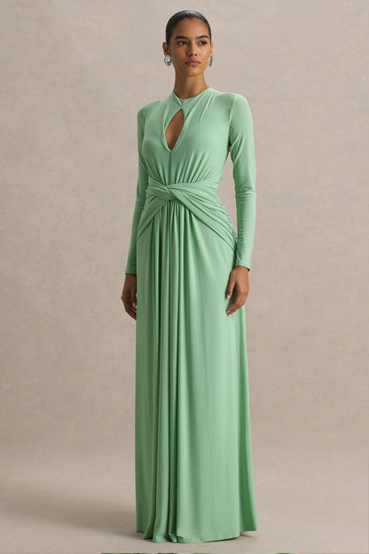 With Me | Vestido largo verde de cuello alto con frunces y aberturas