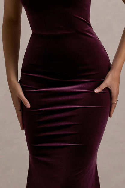 Candela | Vestido largo de Terciopelo morado con Escote Bardot Asimétrico