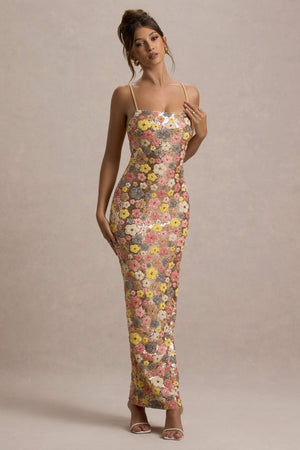 Vitora | Vestido largo con estampado floral en tonos pastel lentejuelas y escote cuadrado