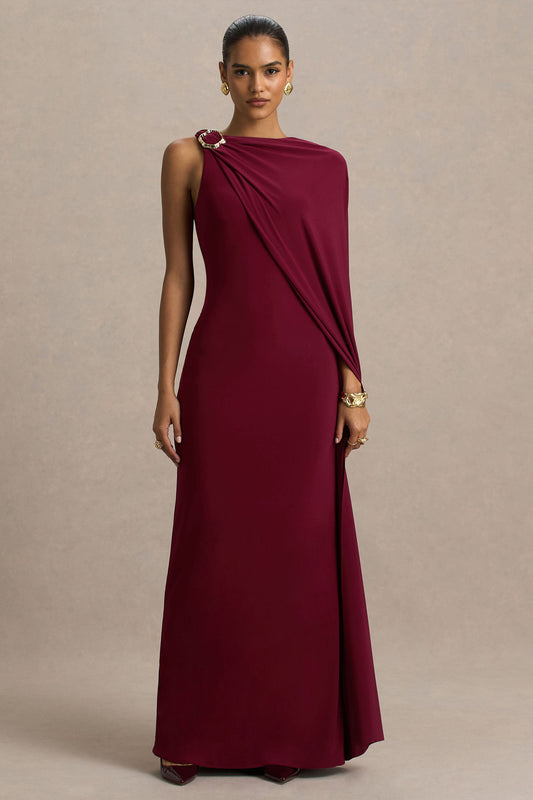 Cressida | Vestido Largo burdeos con escote asimétrico y manga capa