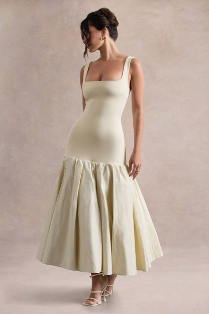 Parida | Vestido midi de popelina en crema con cintura caída y dobladillo con volante