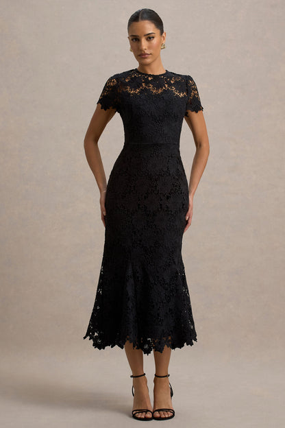Clarissa | Vestido midi de encaje negro con mangas corrtas