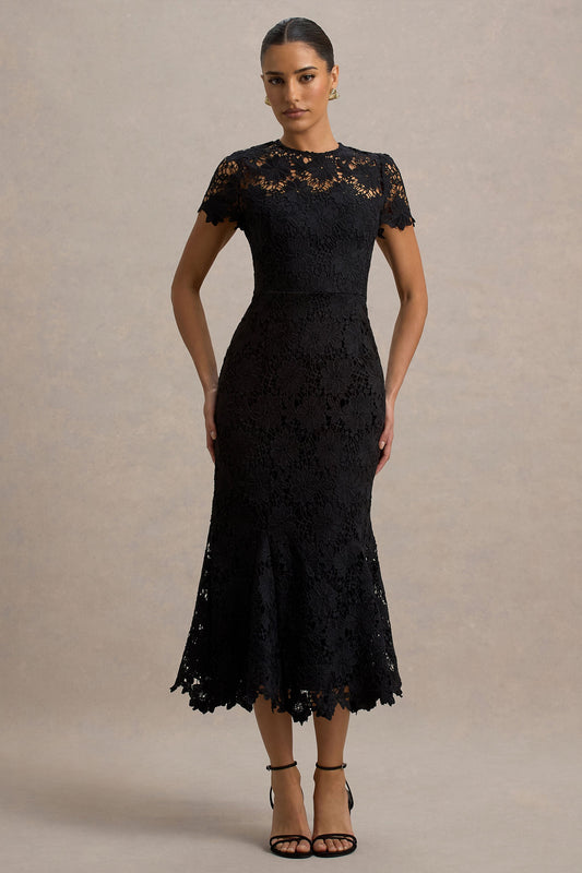 Clarissa | Vestido midi de encaje negro con mangas corrtas