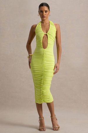 Anaisa | Vestido midi verde lima con escote halter profundo