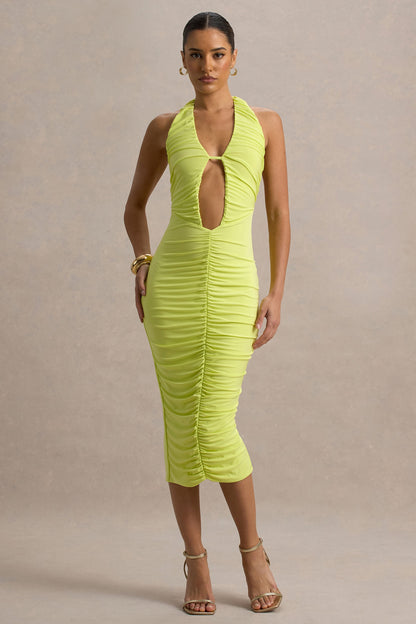 Anaisa | Vestido midi verde lima con escote halter profundo