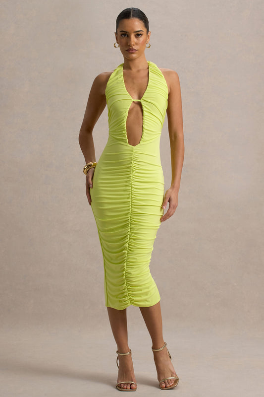 Anaisa | Vestido midi verde lima con escote halter profundo
