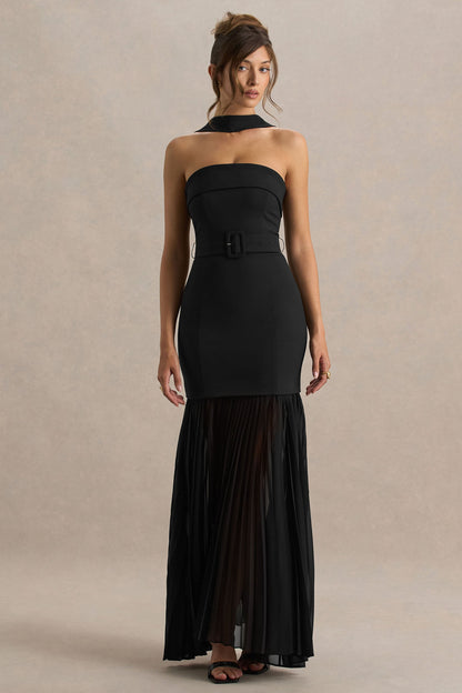 Jaquetta | Vestido largo negro con cinturón y falda plisada de gasa