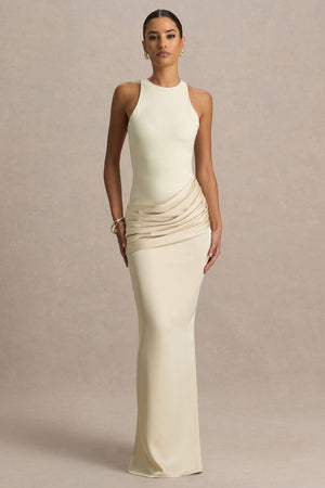 Akari | Vestido Largo Crema de Cuello Redondo con Falda de Satén