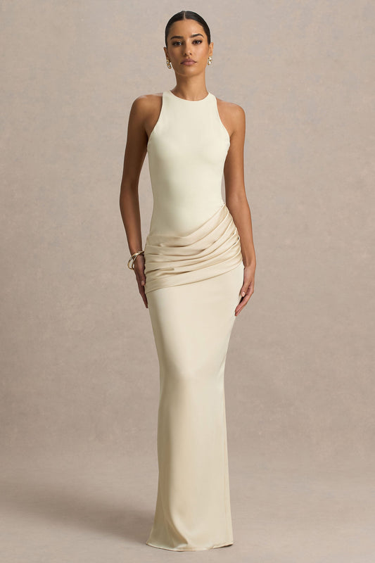 Akari | Vestido Largo Crema de Cuello Redondo con Falda de Satén
