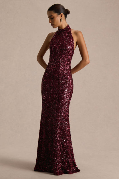 Tulia | Vestido Largo Burdeos de Lentejuelas con Escote Alto