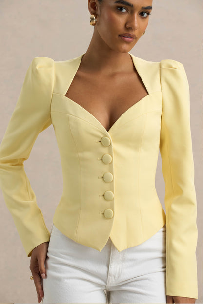 Olympia | Top de manga larga amarillo con escote corazón y detalle de botones forrados